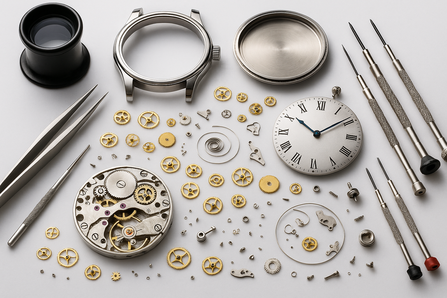 picture of watch parts spread out during service