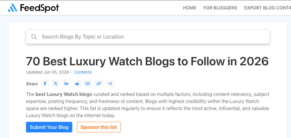 Investment Watches Named One of the Top 70 Luxury Watch Blogs in the World
